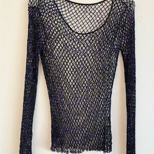 Black Mesh Beaded Top with Purple and Magenta Sequins, M/L